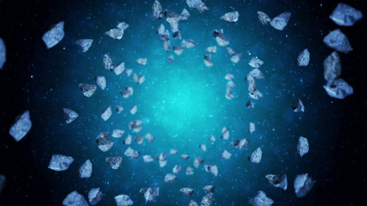 깊은 우주 배경에서 많은 소행성을 날아. 깨진 스플래시 폭발. 별빛 하늘. 돌고 있는 운석의 3d 애니메이션. 루프 애니메이션.