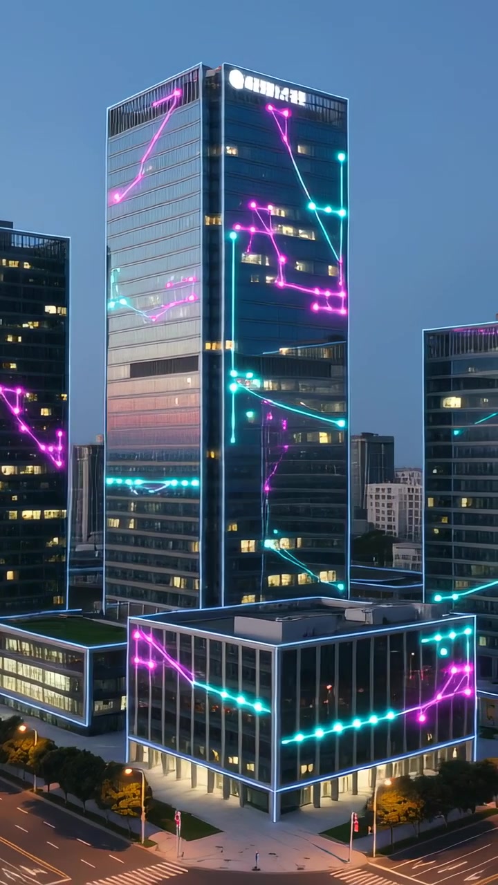 Vídeo vertical: Torre de vidro central mostrando linhas de néon em movimento no centro da cidade, ao anoitecer, com nós pulsando