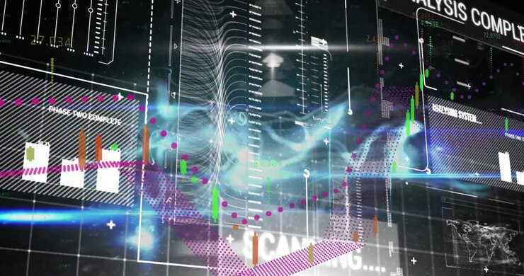 Animation of financial data processing over dark background