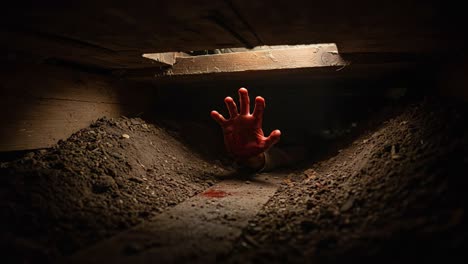 an eerie encounter: a bloodied hand emerges from the darkness, struggling for freedom beneath a dimly lit hollow, capturing a haunting moment of desperation
