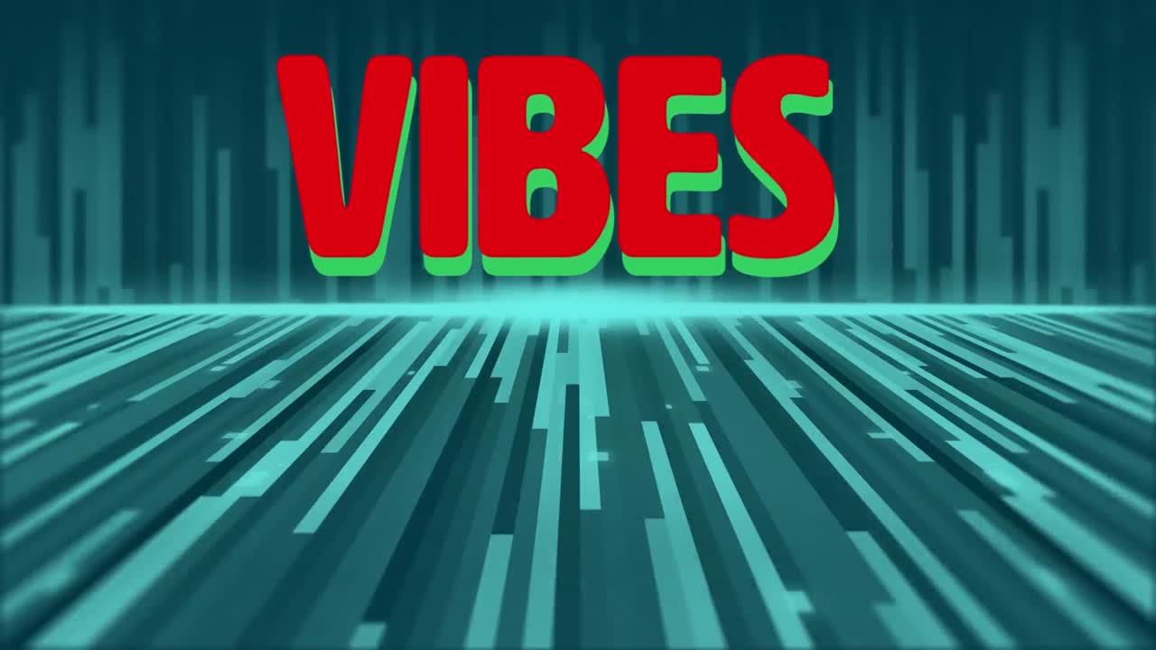 Digital animation of vibes text against light trails moving green background