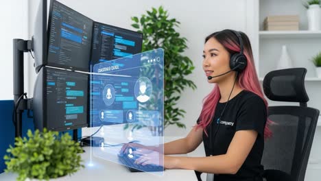 a focused professional engaging with customers through advanced communication tools in a modern workspace with multiple monitors displaying live data