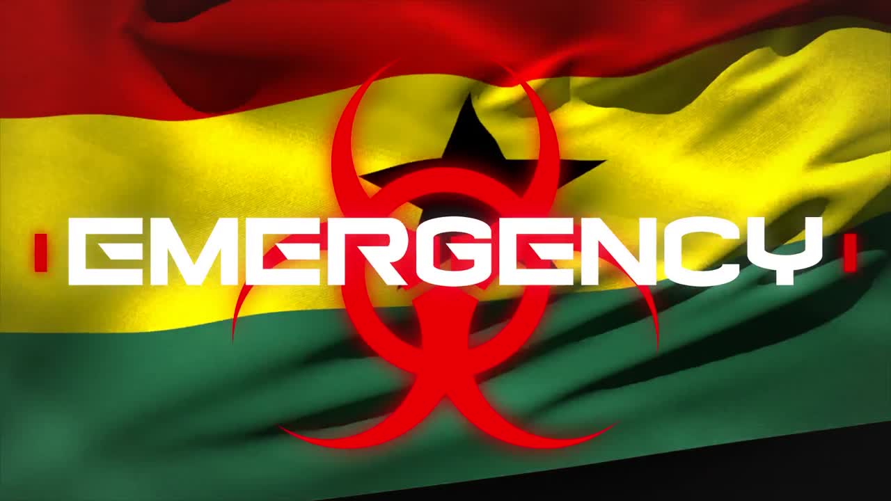 animación de la palabra emergencia escrita sobre el signo de peligro para la salud sobre una bandera de ghana en el fondo