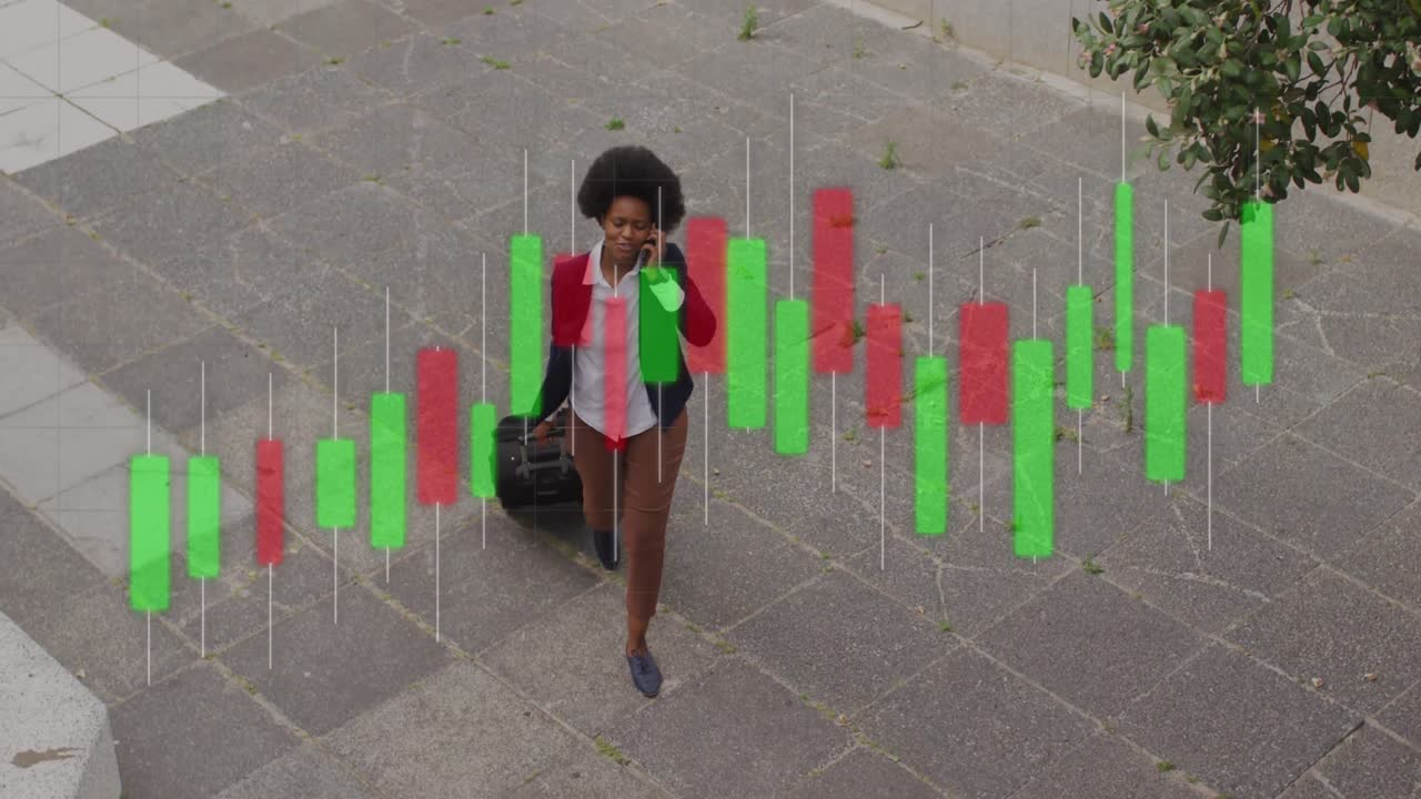 Animation of business data over african american woman using smartphone