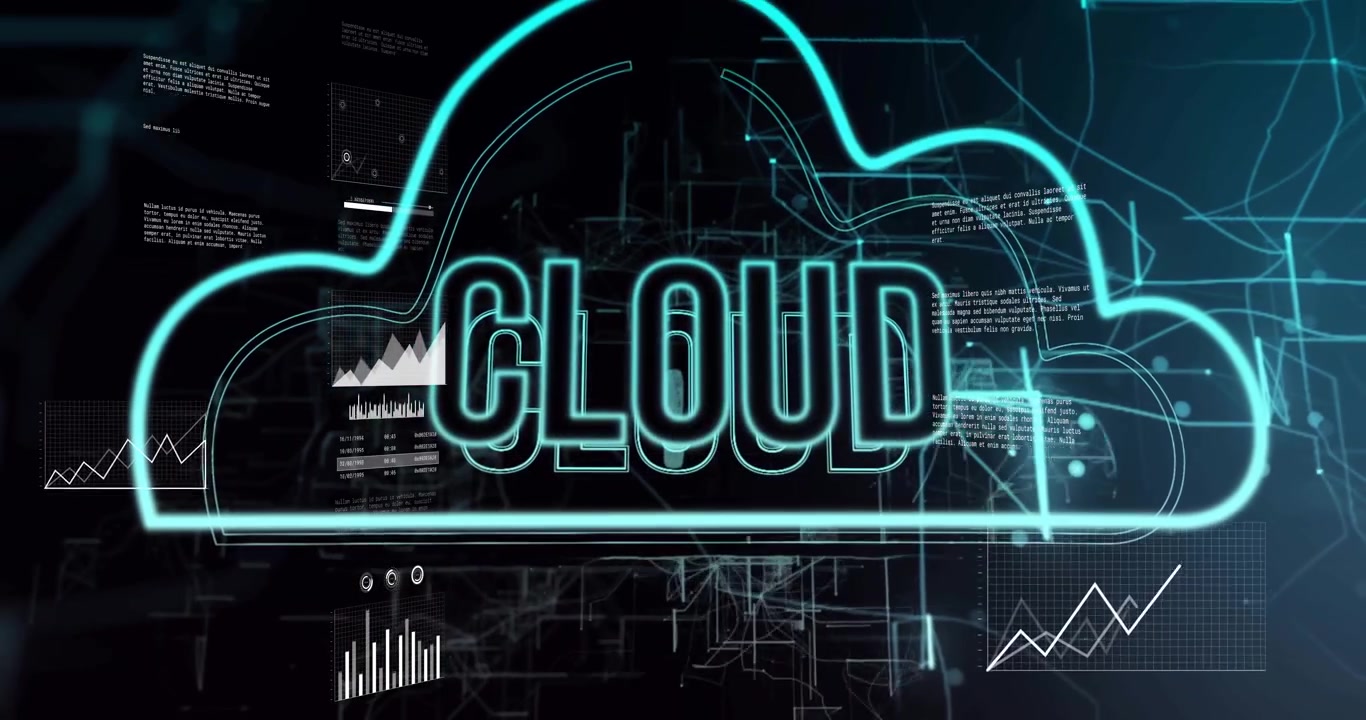 Interface showing teal nodes activating CLOUD text fading then charts rising to show data trend
