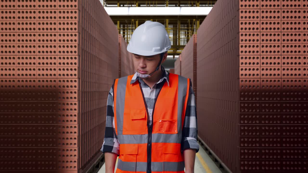 Asian Male Engineer With Safety Helmet Having A Headache While Working With Red Brick Packed in Stacks Are Stored