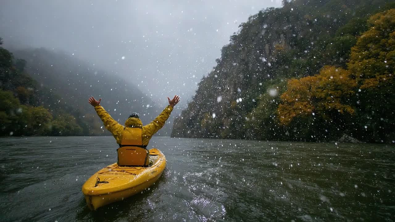 A Kayaker Embraces Nature's Elements While Paddling Through a Rainy River Landscape, Surrounded by Lush Hills and Vibrant Autumn Colors