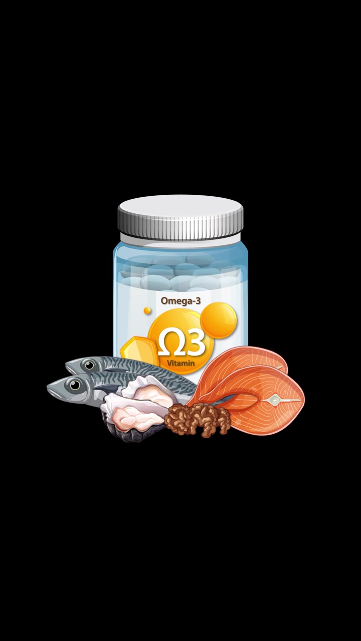 Bottiglia di vitamine Omega-3 circondata da pesce, salmone, noci e un cervello, su sfondo nero.