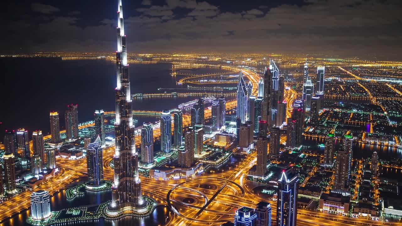 Breathtaking aerial view of Dubai's illuminated skyline at night, showcasing the majestic Burj Khalifa amidst a vibrant cityscape, creating a mesmerizing spectacle of lights and modern architecture