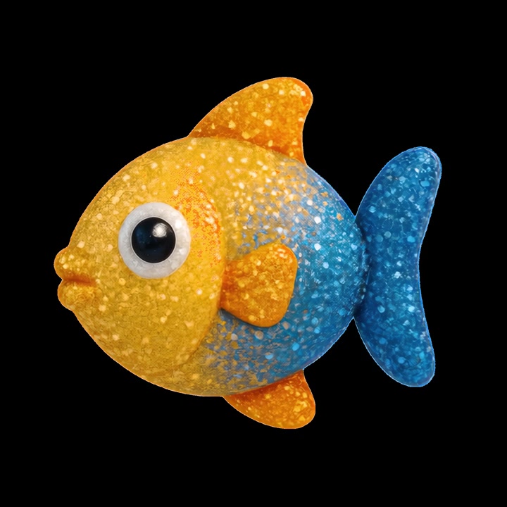 Pesce giocattolo scintillante giallo e blu isolato su sfondo nero