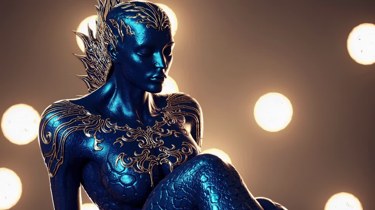 Luminescent blue alien model adorned with golden ornaments, standing against blurred light backdrop, embodying cosmic elegance and otherworldly mystique