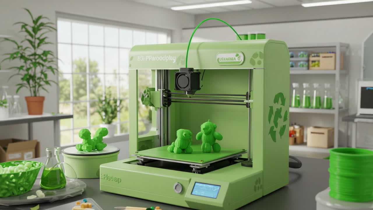 A vibrant scene showcasing a green 3D printer busily creating adorable toy figures in a well-lit modern workspace filled with plants and laboratory tools