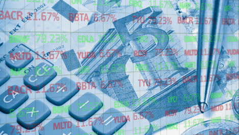 animación del procesamiento de datos financieros a través de la calculadora y las facturas de divisas en euros