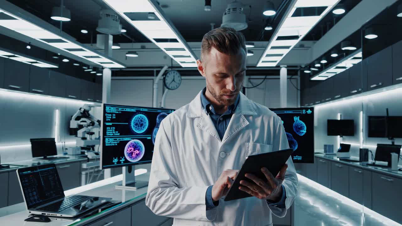 Scientist working on a tablet in a futuristic lab