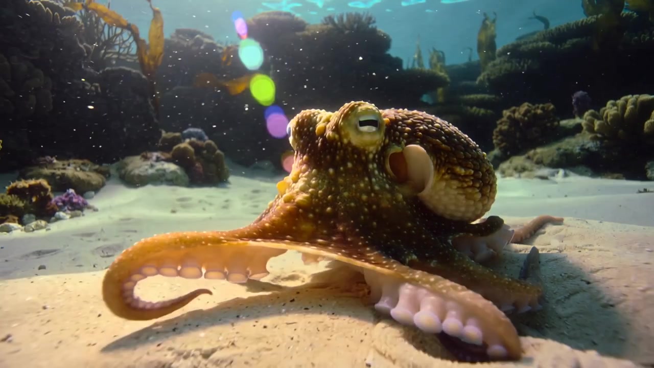 Polpo maculato che sonda estendendo i tentacoli sul fondo sabbioso della barriera corallina, reagendo alla luce solare e cercando prede.