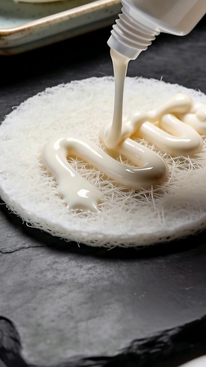 Vertical video: Entering nozzle piping cream zigzagging across fibrous disk on slate tray plating