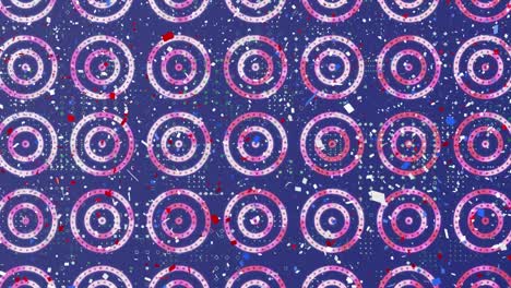 Dot-pattern-design-and-confetti-falling-over-multiple-stars-on-spinning-circles-on-blue-background