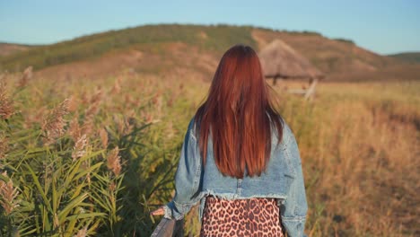 behind view of caucasian woman wearing fashionable printed animal dress and jean jacket walking and holding wooden handrail past tall green grass, handheld close up