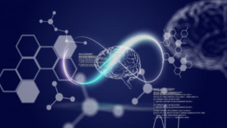 animation of neon infinity over brain, chemical formulas and data on navy background