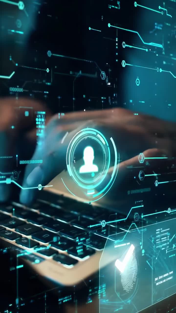 Close-up angle of hands typing on a keyboard with digital overlay, resembling a tech video