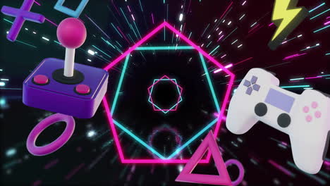 animation of game controllers and icons over neon hexagons and lights on black background