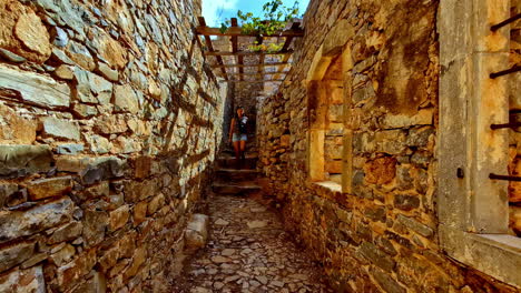 beautiful and interesting ancient stone ruins and corridors of the fortress of spinalonga, kalydon, in elounda in northeastern crete, in lasithi, elounda, greece.