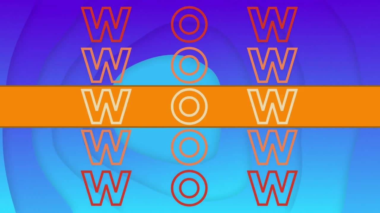 Animazione di testo "wow" ripetuto su forme su sfondo blu