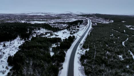 monochrome of endless road on snow-covered forest in south iceland