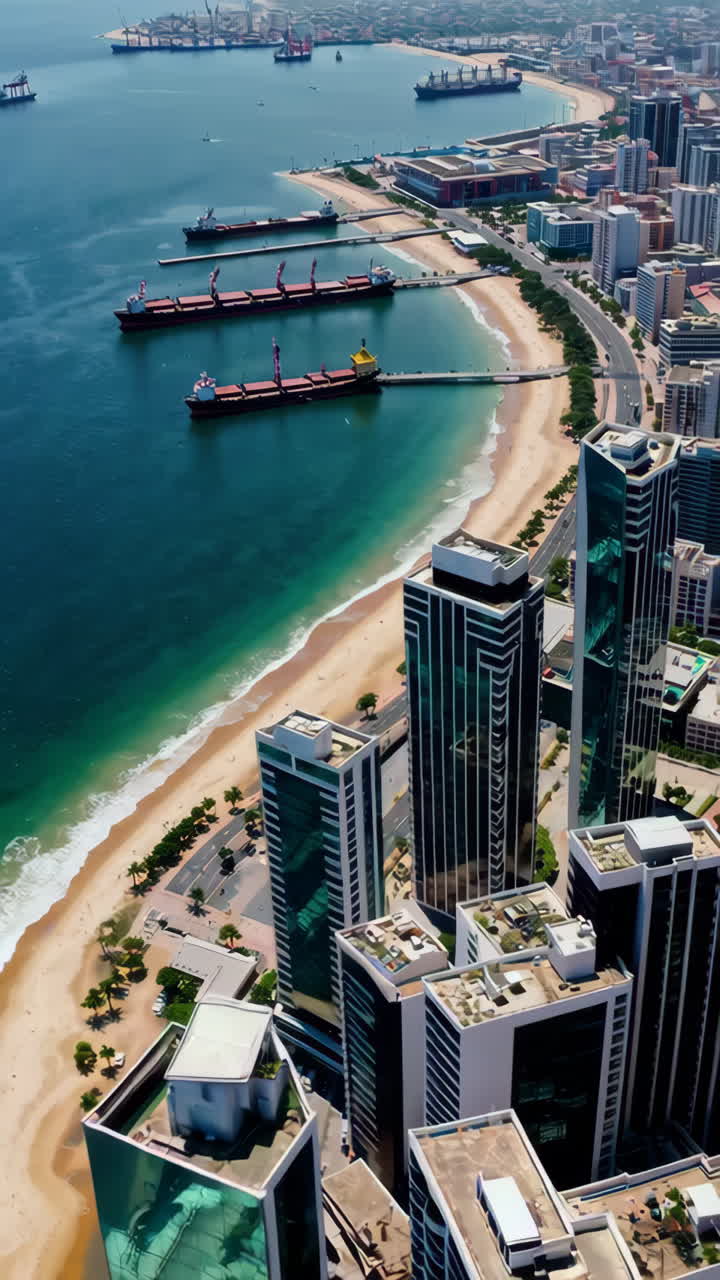 Coastal Cityscape with Port and High-Rise Buildings