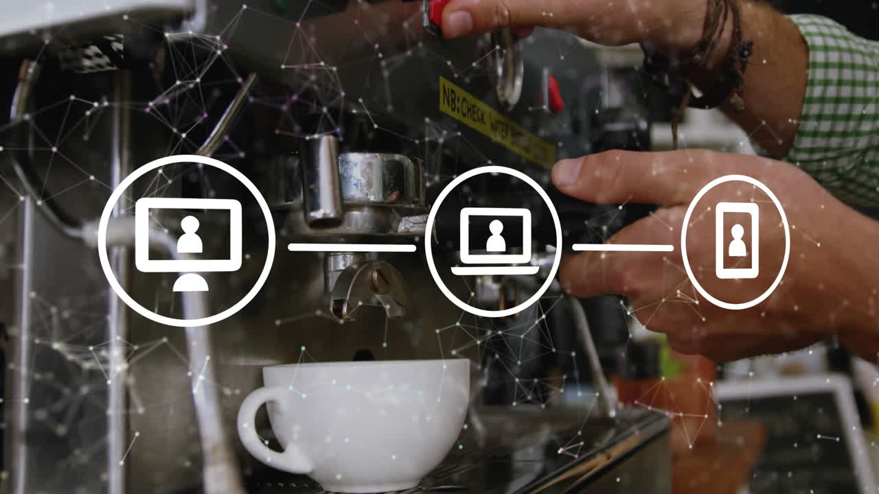 Barista hands placing portafilter under group head, digital icons floating above espresso machine