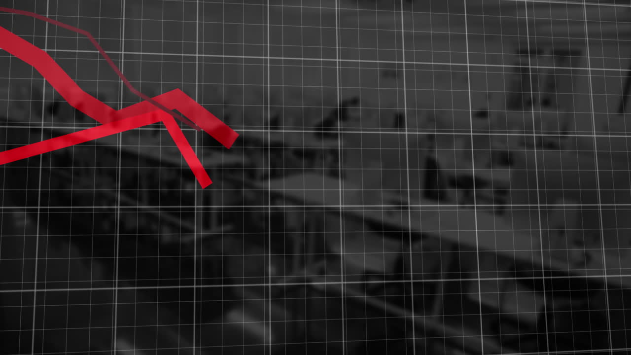 Animation of financial data processing with red lines over empty classroom