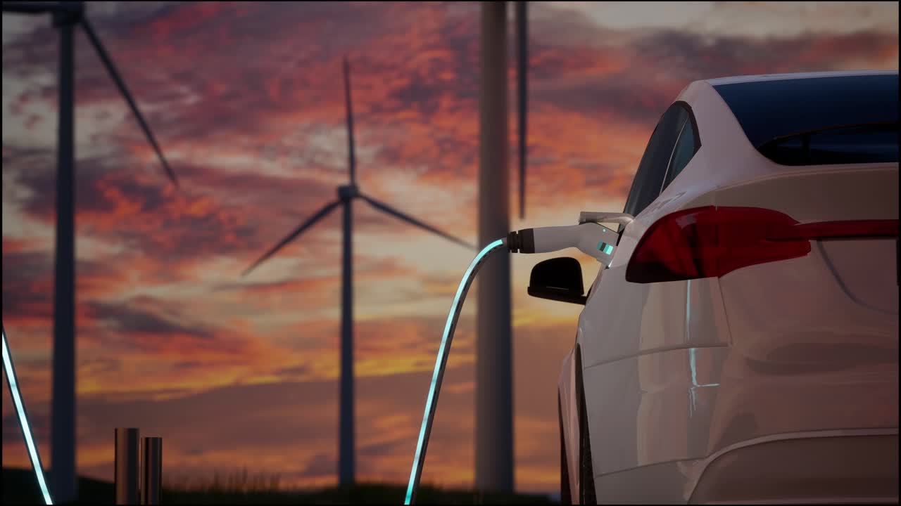 Environmentally Friendly Electric Car Charging On The Background Of Wind Turbines. Sunset View Of Ev Station With Port Plugged In Car. Realistic 3D Rendering Of Alternative Energy Concept. Zoom Out