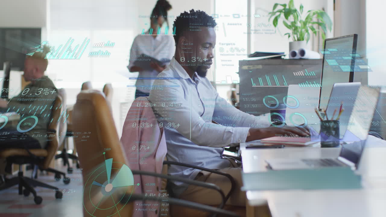 Animation of data processing over diverse business people in office