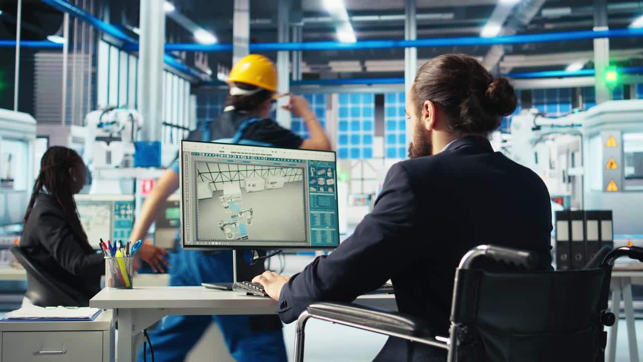 persona con disabilità che ispeziona i macchinari dell'impianto solare sullo schermo del computer