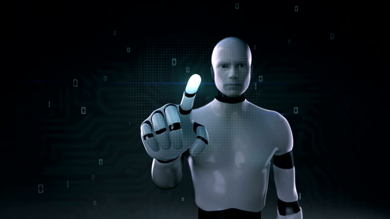 Robot, cyborg che tocca lo schermo su sfondo di interfaccia digitale, filmato in formato 4K