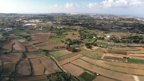 Drone-shot-in-Malta,-flying-above-Bidnija-fields