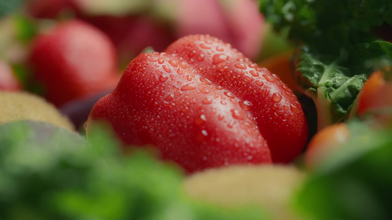 Červená paprika s kapkami vody mezi různými druhy ovoce a zeleniny.