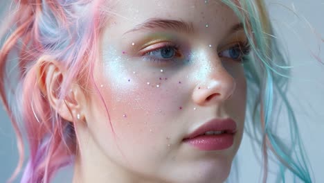 portrait of a woman with pastel hair and glitter makeup