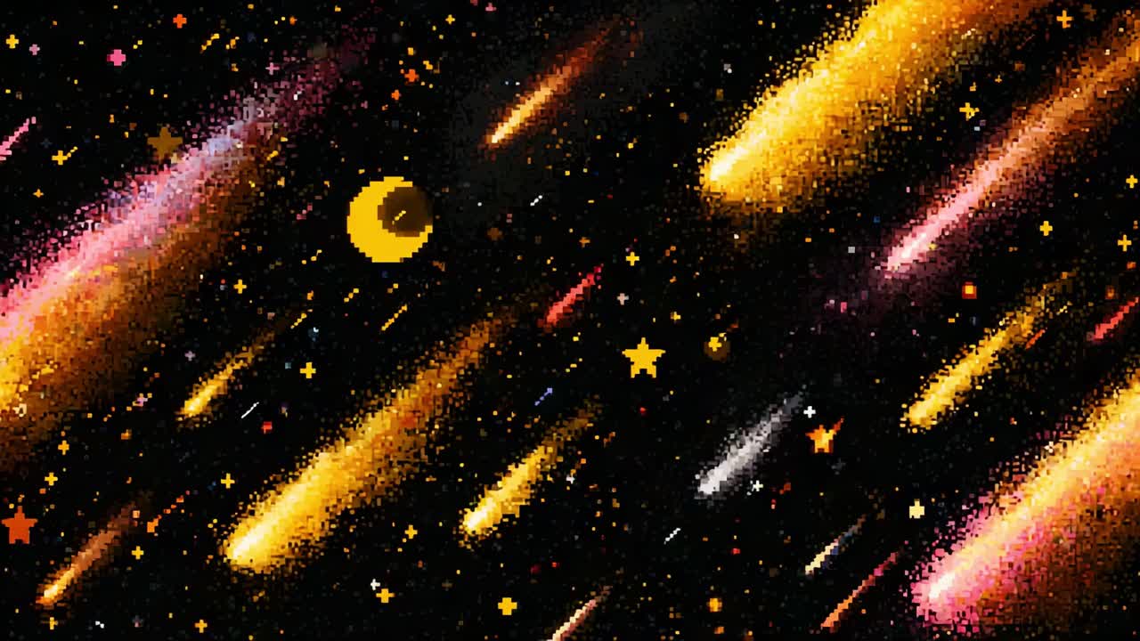 A Vibrant Cosmic Display of Colorful Comets, Shimmering Stars, and a Resplendent Moon, Capturing the Enchantment of a Celestial Night Sky Over a Digital Canvas