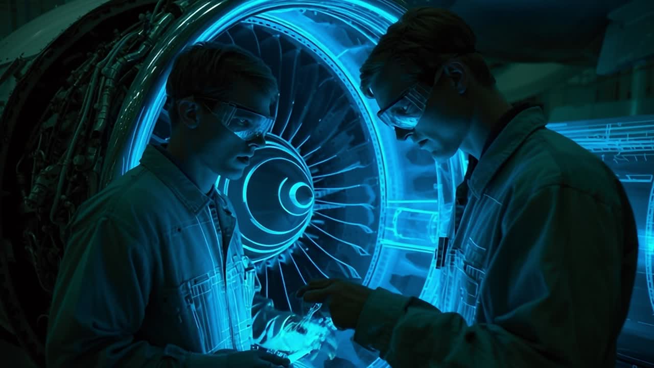 Ingegneri che esaminano i componenti del motore di un aereo in un'officina di notte