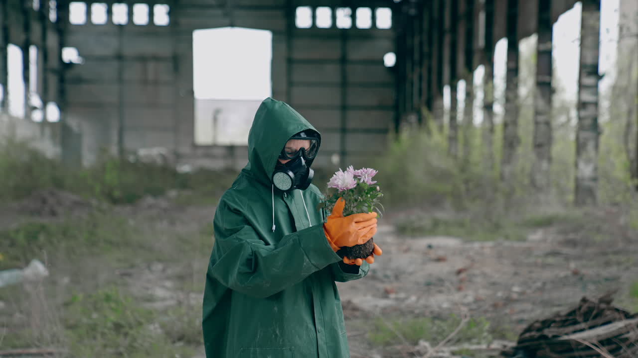 Ecologist in safety suit holding flowers on ruined building background. Person in gas mask and protective clothes stands in dangerous place after chemical attack