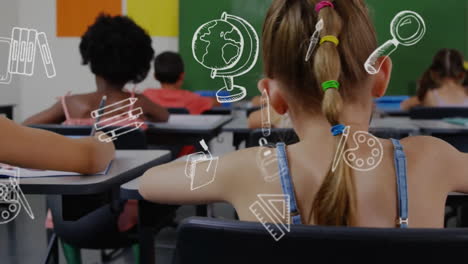 animation of education school icons over diverse school children in classroom