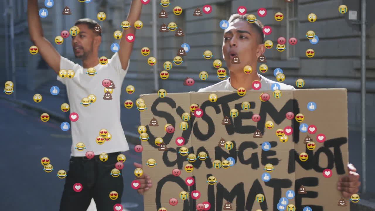 Activists holding protest sign and raising arms city street, showcasing floating emoji icons tech