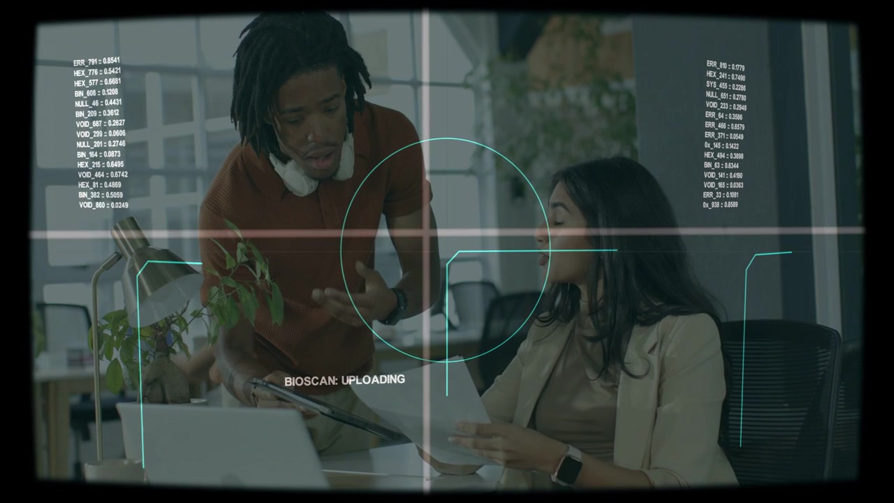Standing man tapping tablet starting healthscan upload woman checking docs HUD updating over tablet