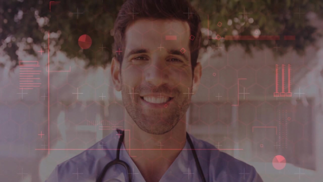 Medico che sorride alla telecamera, attivando grafici di puntamento rossi, con uno zoom che mostra competenza.