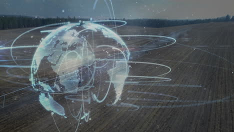 digital globe and data lines animation over agricultural field landscape