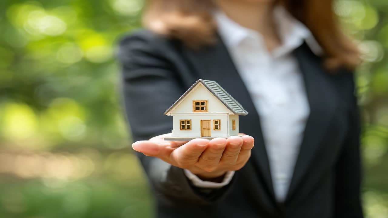 A business professional presents a miniature house model in the palm of their hand, symbolizing real estate opportunities and the importance of homeownership in today's market