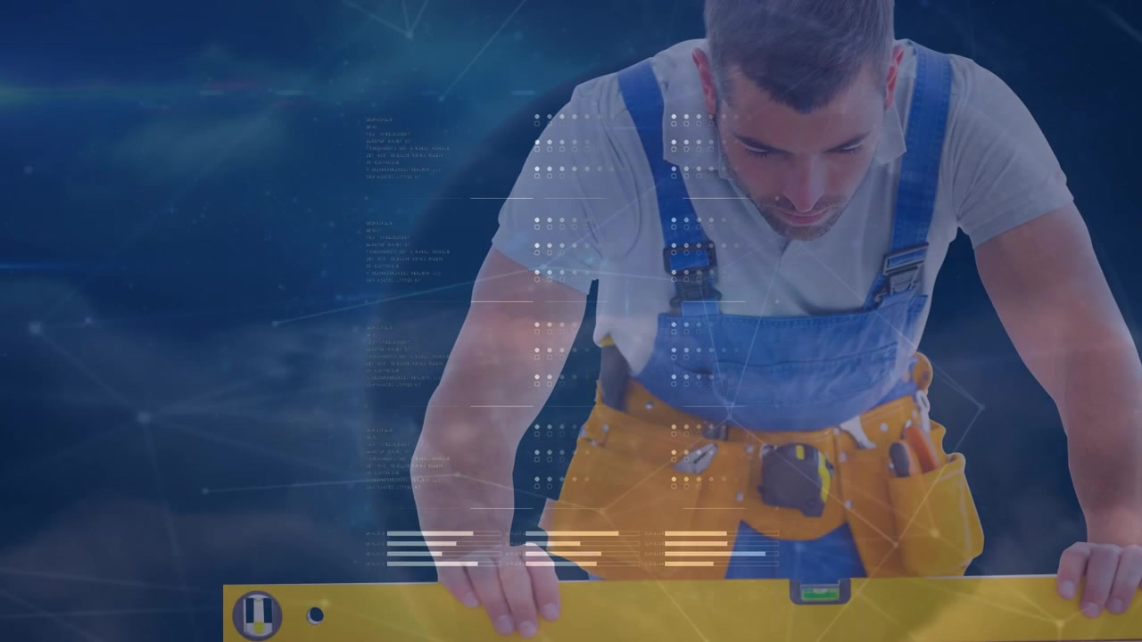 Animazione di un lavoratore maschio caucasico sopra nuvole e sfondo blu