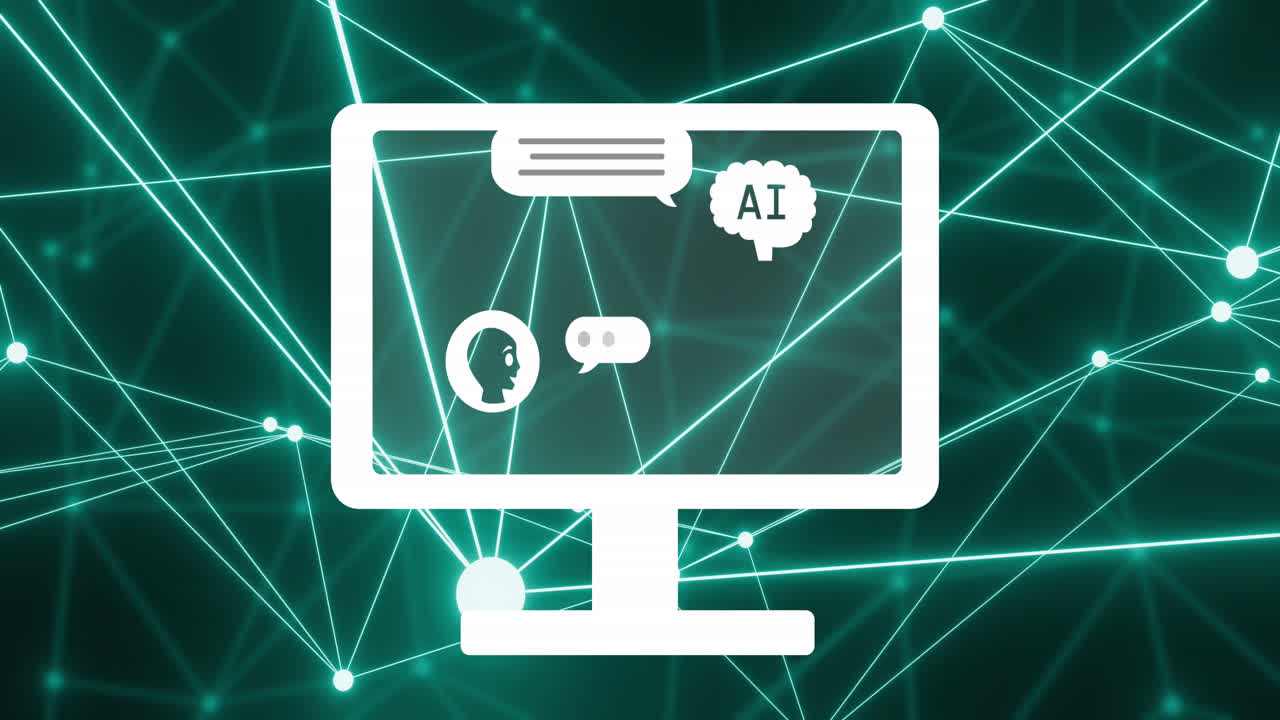 Animazione di rete di connessioni e icone AI su sfondo nero