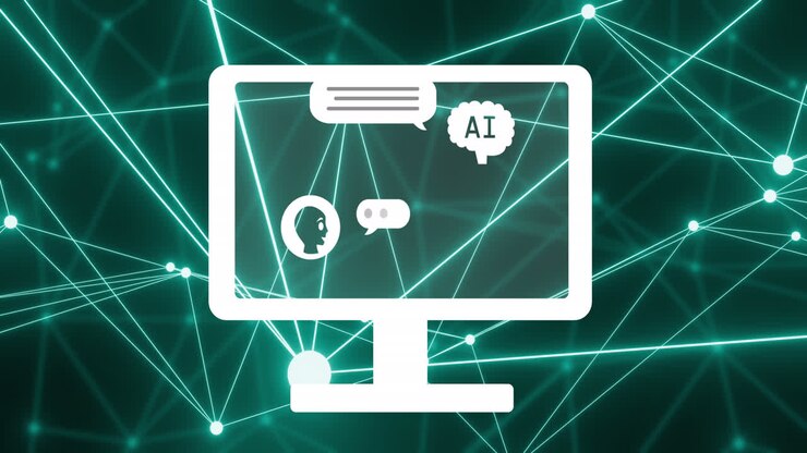 Animazione di rete di connessioni e icone AI su sfondo nero